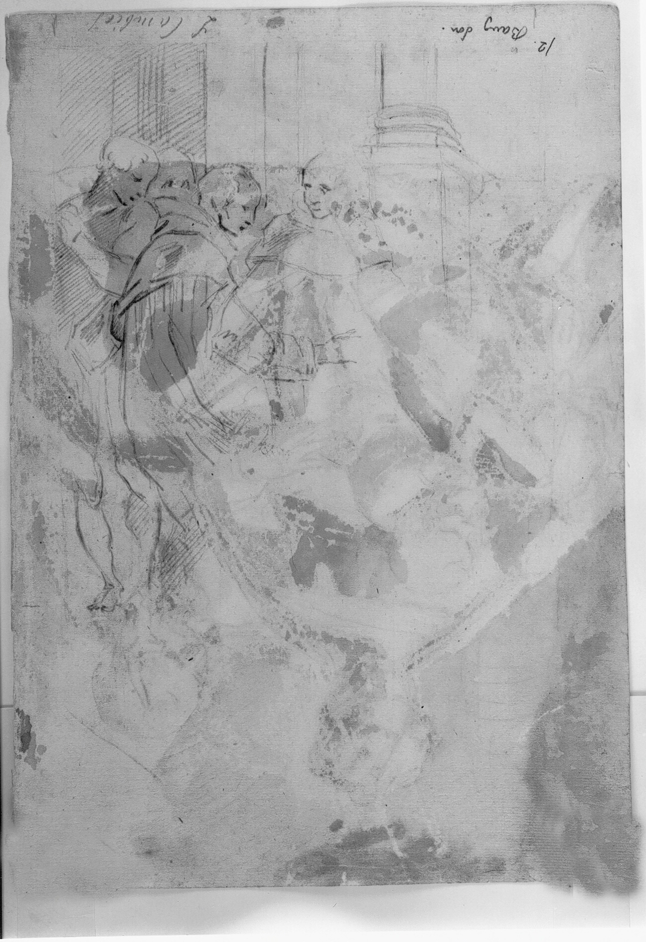 Gruppe på fire mænd i arkitektoniske omgivelser (Munk der udfører et mirakel?)